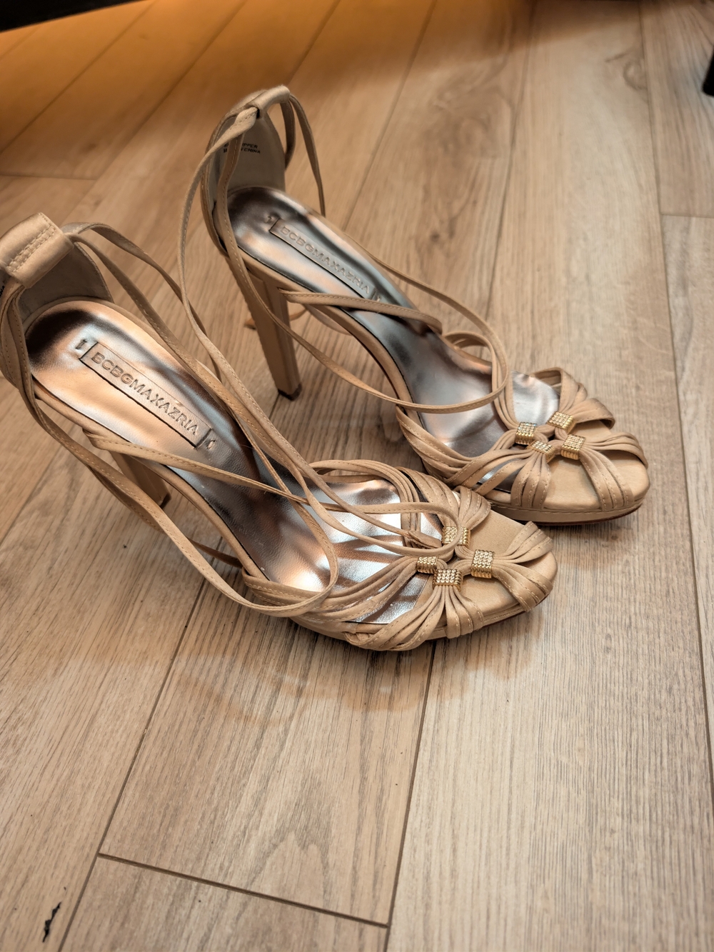 BCBGMaxAzria Nude Beige Strappy High Heel Sandals with Embellished Knot